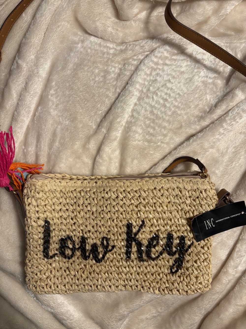 INC International Concepts Woven Straw Crossbody - 'Love Hey'